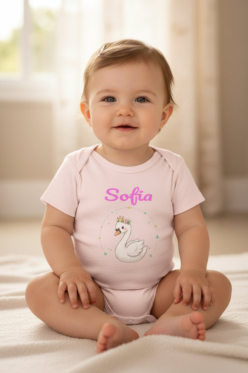 Body neonato originale rosa in cotone bio personalizzabile con nome e disegno cigno reale con corona