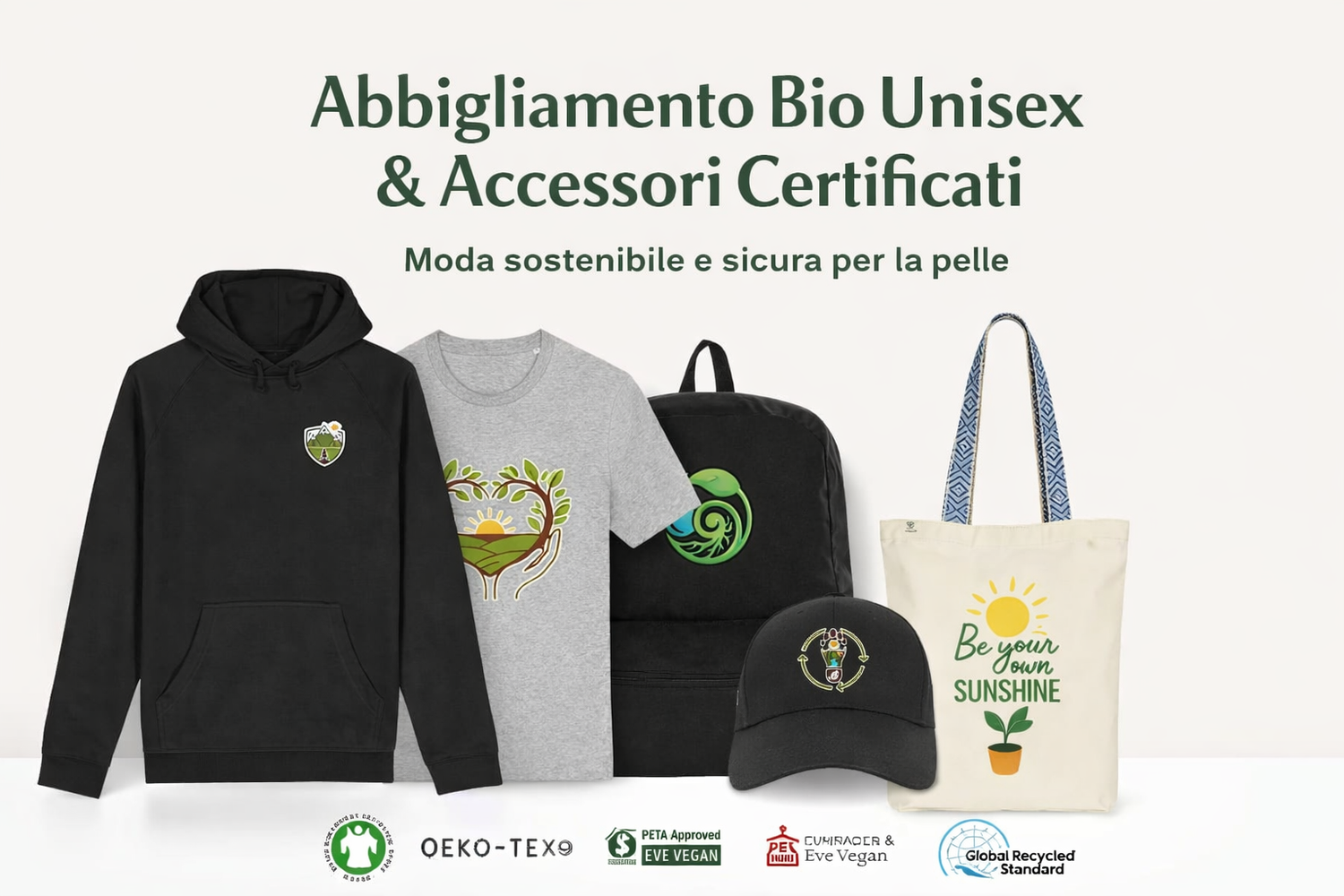 Banner collezione abbigliamento bio unisex originale e accessori sostenibili Pianeta Wow con felpe, t-shirt, zaini e cappellini certificati