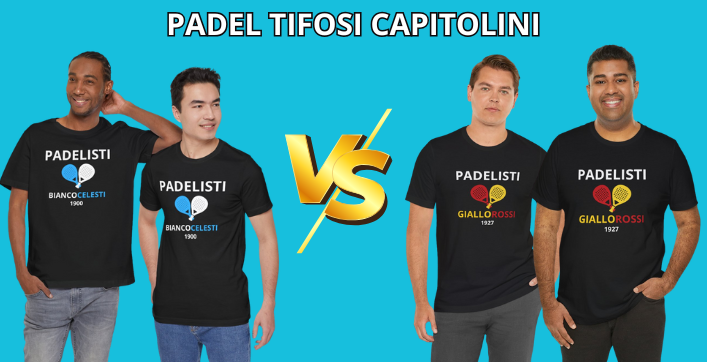 T-shirt padel per tifosi Roma e Lazio: 2 modelli giallorossi e 2 biancocelesti. Design ultras, stile curva sud e nord. Ideali per sportivi e appassionati capitolini. Regalo perfetto per chi vive il padel con passione calcistica.