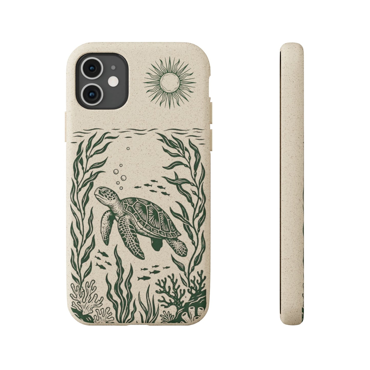 Cover Bio Originale per iPhone "Tartaruga & Sole" - Custodia Eco in Bambù & PLA