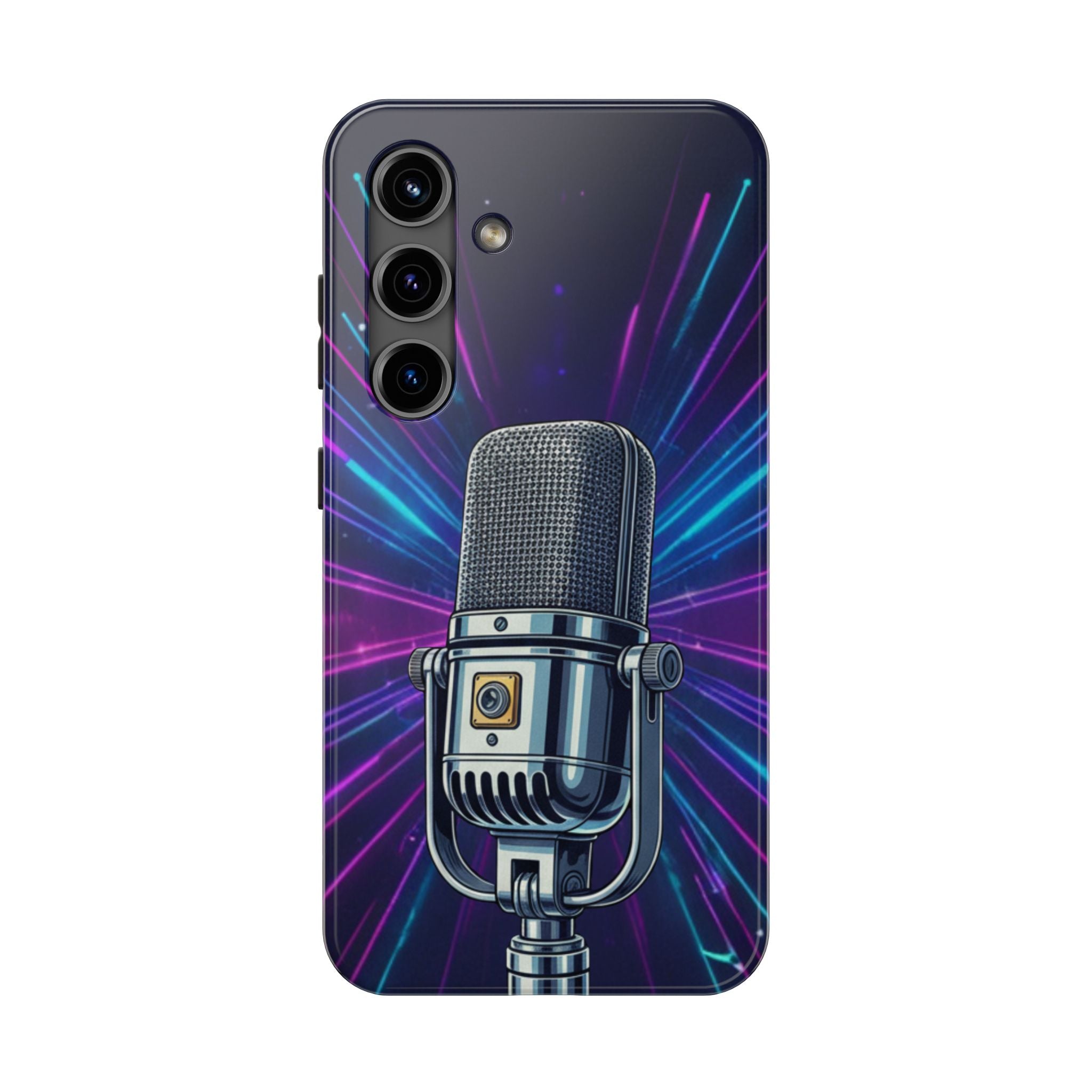 Custodia Tough per iPhone Pro | Cover Antiurto con Microfono Vintage e Onde Sonore Neon – Regalo Creativo per Musicisti, Gamer, Streamer e Amanti del Design