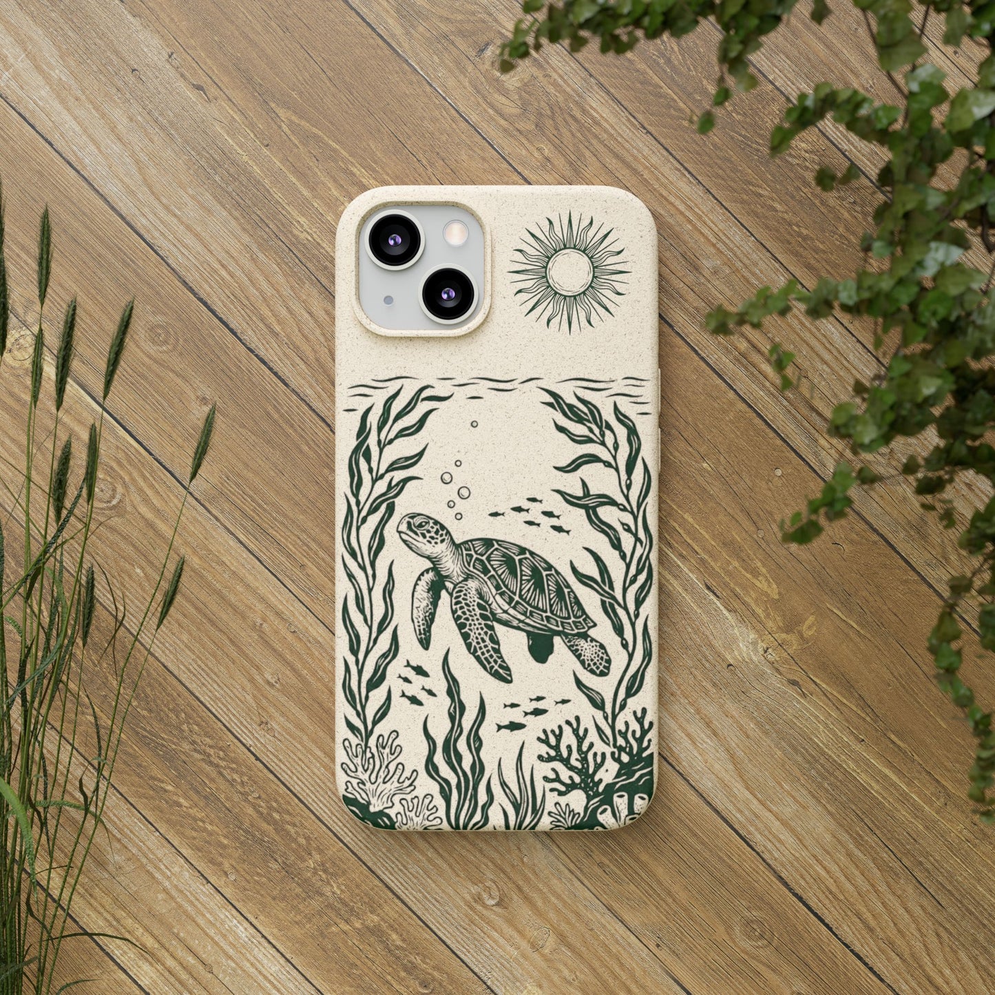 Cover Bio Originale per iPhone "Tartaruga & Sole" - Custodia Eco in Bambù & PLA