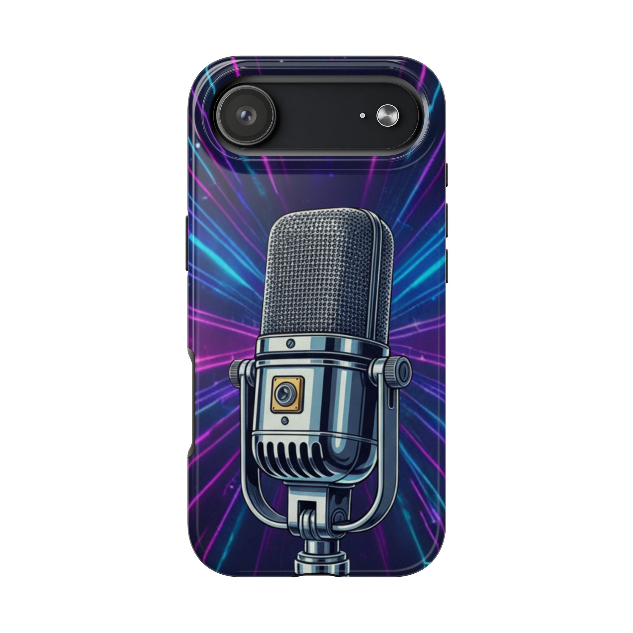 Custodia Tough per iPhone Pro | Cover Antiurto con Microfono Vintage e Onde Sonore Neon – Regalo Creativo per Musicisti, Gamer, Streamer e Amanti del Design