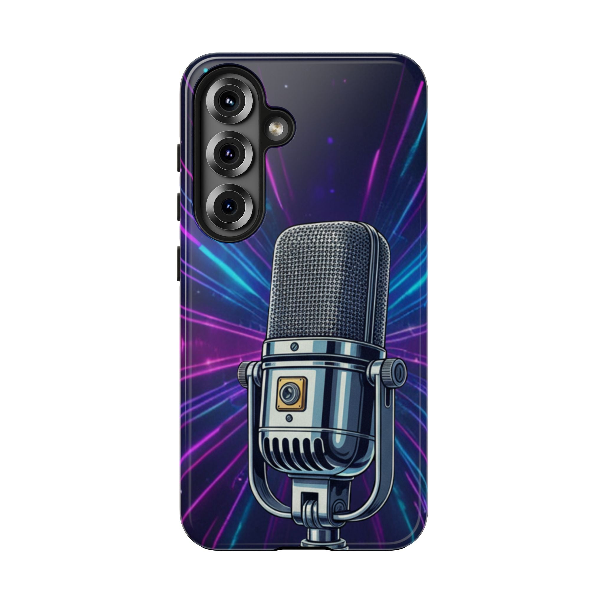 Custodia Tough per iPhone Pro | Cover Antiurto con Microfono Vintage e Onde Sonore Neon – Regalo Creativo per Musicisti, Gamer, Streamer e Amanti del Design