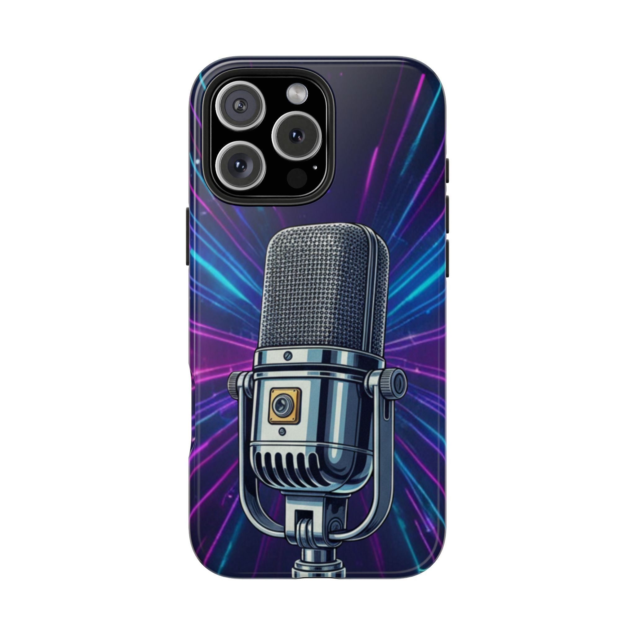 Custodia Tough per iPhone Pro | Cover Antiurto con Microfono Vintage e Onde Sonore Neon – Regalo Creativo per Musicisti, Gamer, Streamer e Amanti del Design