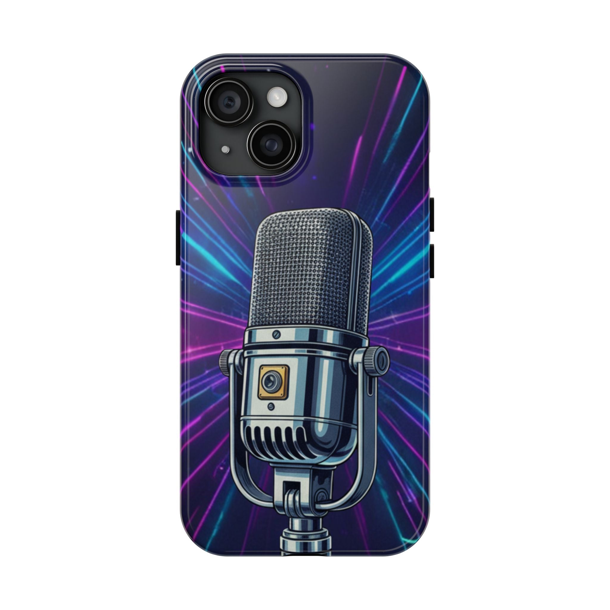 Custodia Tough per iPhone Pro | Cover Antiurto con Microfono Vintage e Onde Sonore Neon – Regalo Creativo per Musicisti, Gamer, Streamer e Amanti del Design