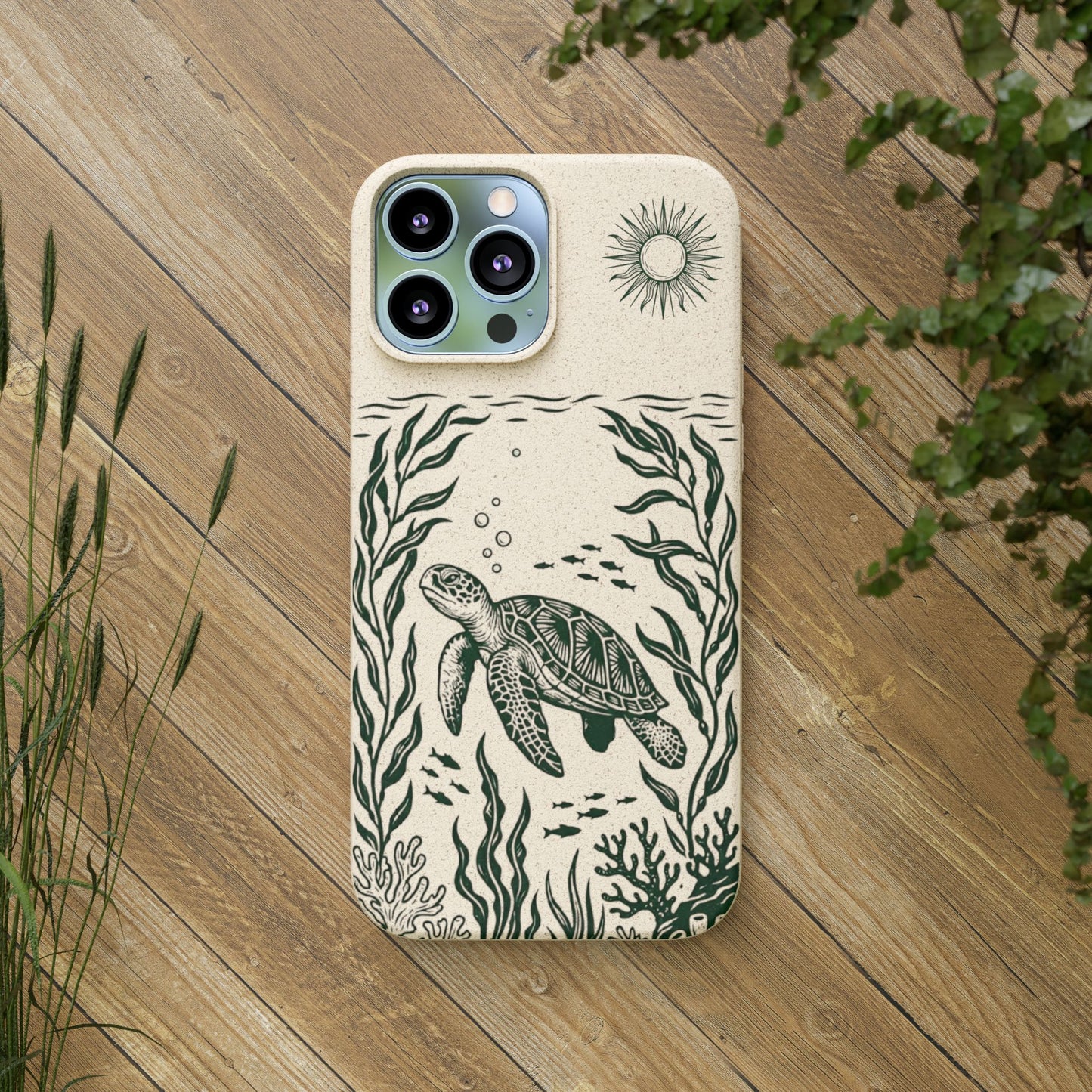 Cover Bio Originale per iPhone "Tartaruga & Sole" - Custodia Eco in Bambù & PLA