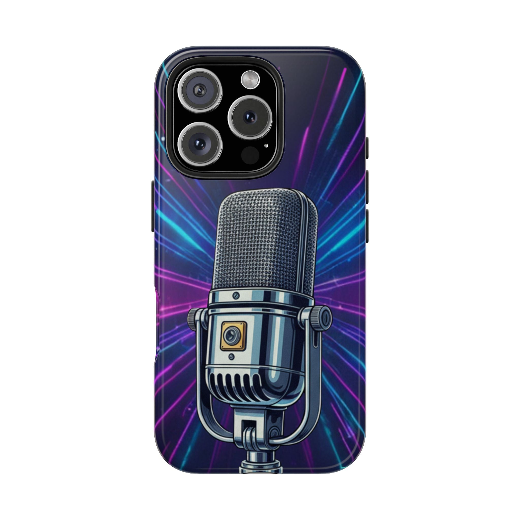 Custodia Tough per iPhone Pro | Cover Antiurto con Microfono Vintage e Onde Sonore Neon – Regalo Creativo per Musicisti, Gamer, Streamer e Amanti del Design