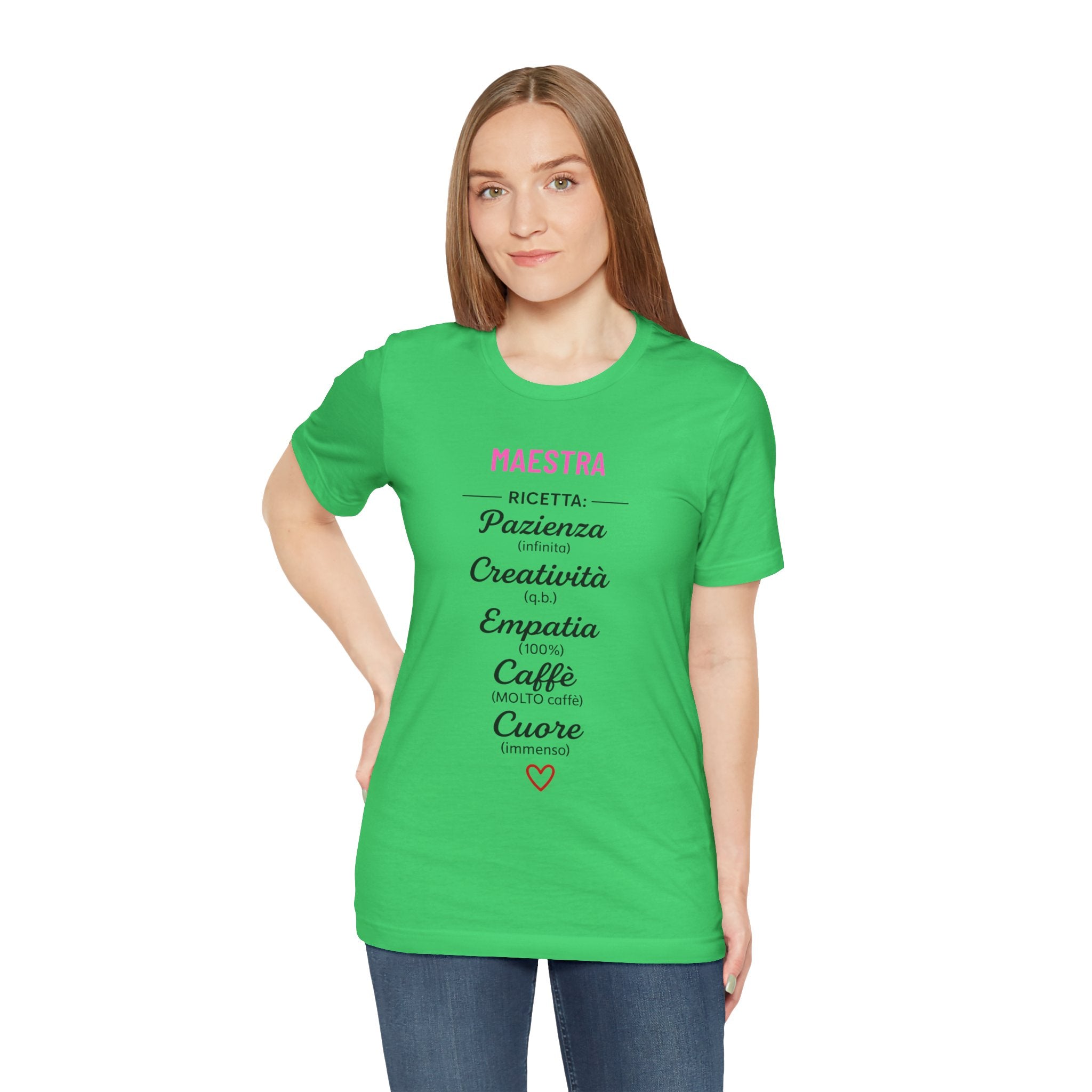 T-shirt verde maglietta in cotone per Maestra design Originale idea regalo fine scuola e ringraziamento