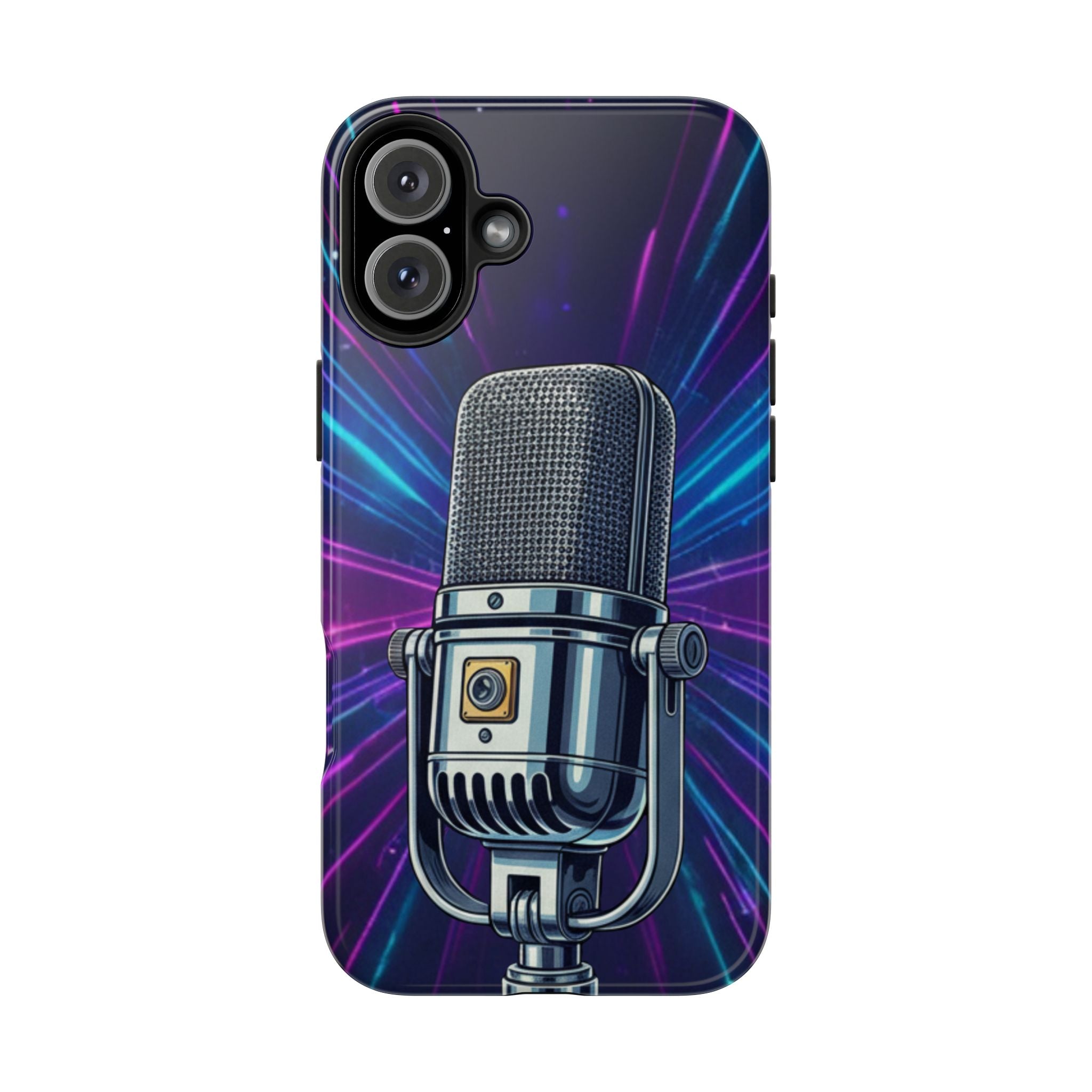 Custodia Tough per iPhone Pro | Cover Antiurto con Microfono Vintage e Onde Sonore Neon – Regalo Creativo per Musicisti, Gamer, Streamer e Amanti del Design
