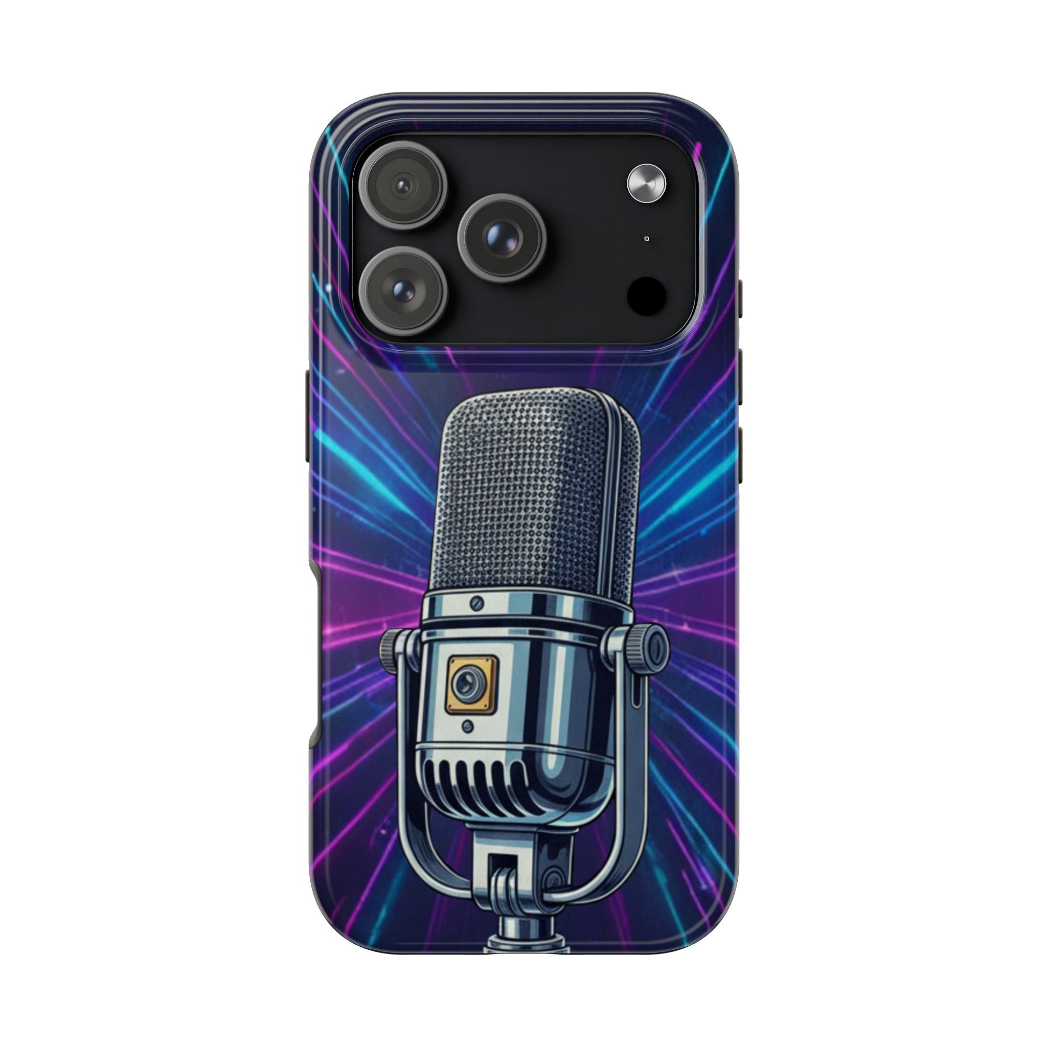 Custodia Tough per iPhone Pro | Cover Antiurto con Microfono Vintage e Onde Sonore Neon – Regalo Creativo per Musicisti, Gamer, Streamer e Amanti del Design
