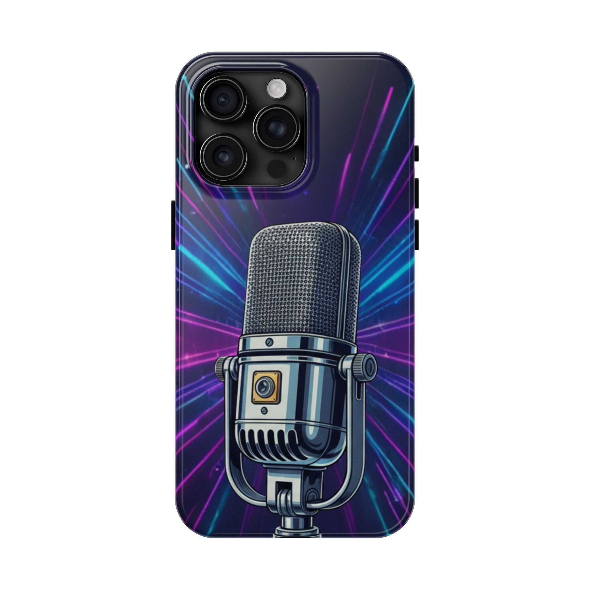 Custodia Tough per iPhone Pro | Cover Antiurto con Microfono Vintage e Onde Sonore Neon – Regalo Creativo per Musicisti, Gamer, Streamer e Amanti del Design