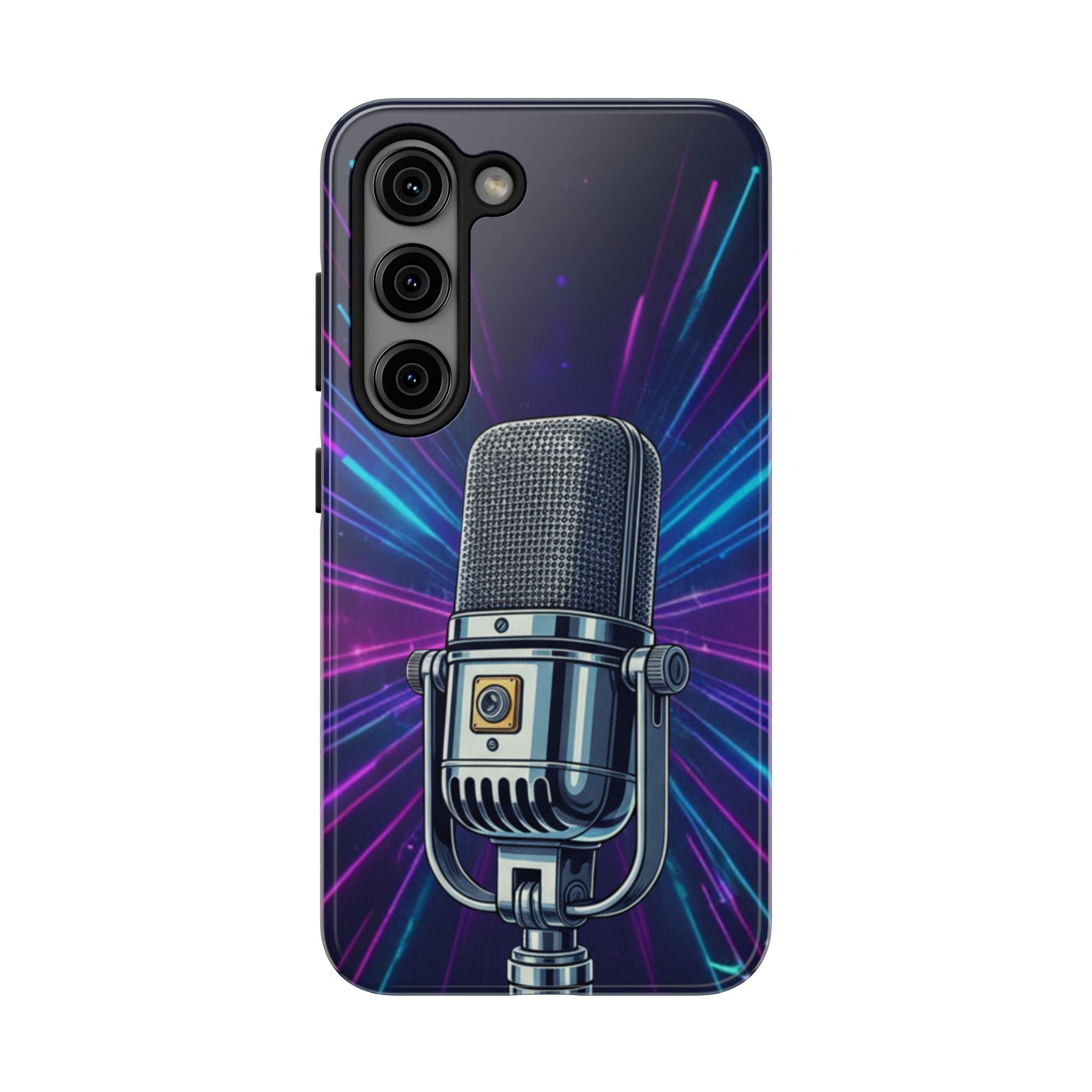 Custodia Tough per iPhone Pro | Cover Antiurto con Microfono Vintage e Onde Sonore Neon – Regalo Creativo per Musicisti, Gamer, Streamer e Amanti del Design