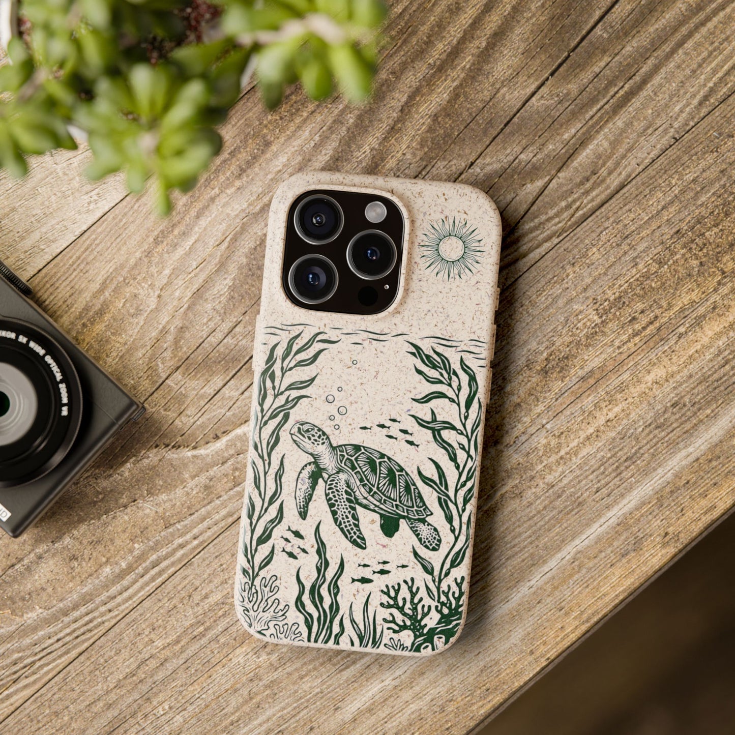 Cover Bio Originale per iPhone "Tartaruga & Sole" - Custodia Eco in Bambù & PLA