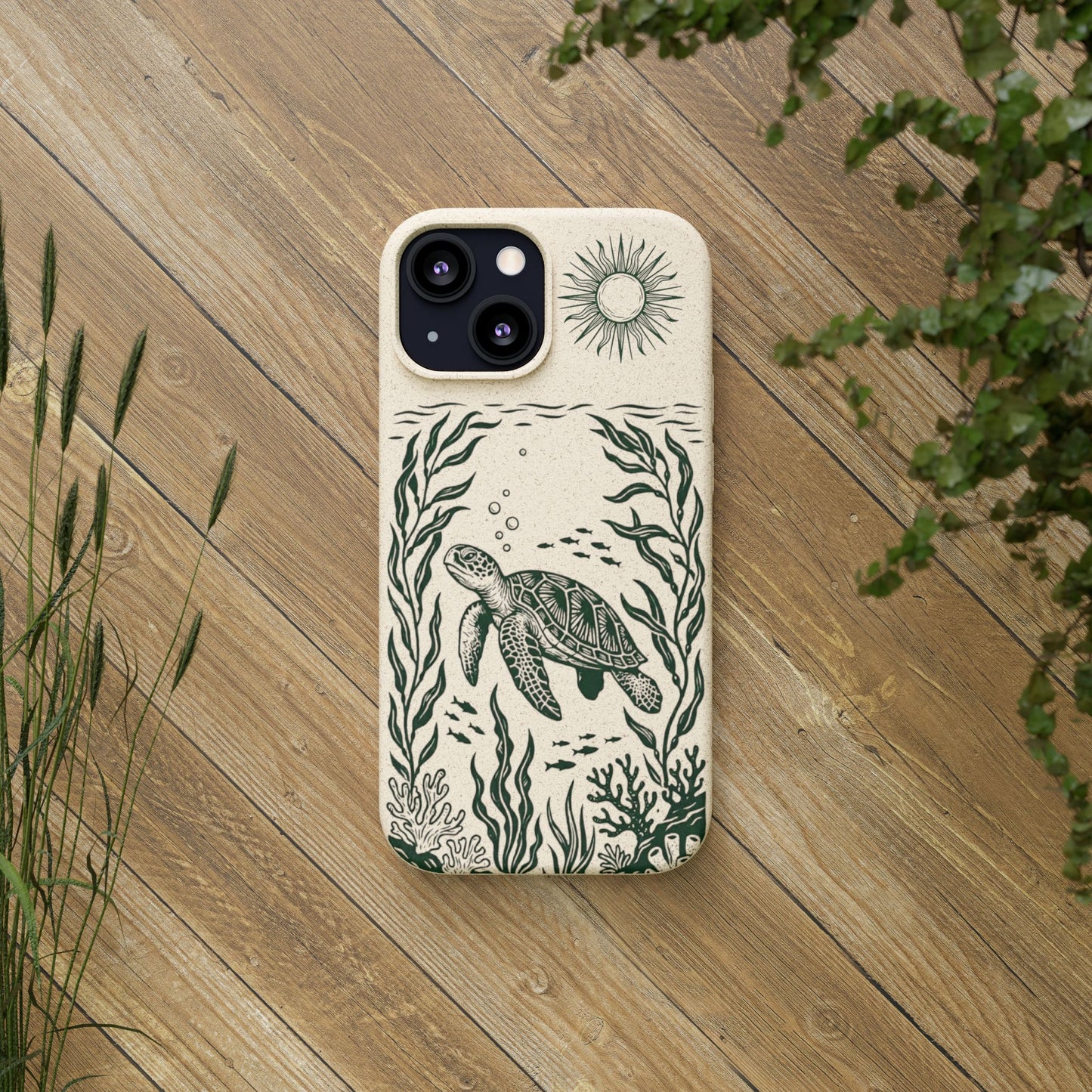 Cover Bio Originale per iPhone "Tartaruga & Sole" - Custodia Eco in Bambù & PLA