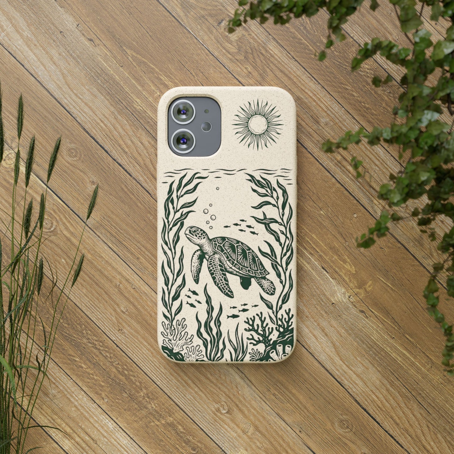 Cover Bio Originale per iPhone "Tartaruga & Sole" - Custodia Eco in Bambù & PLA