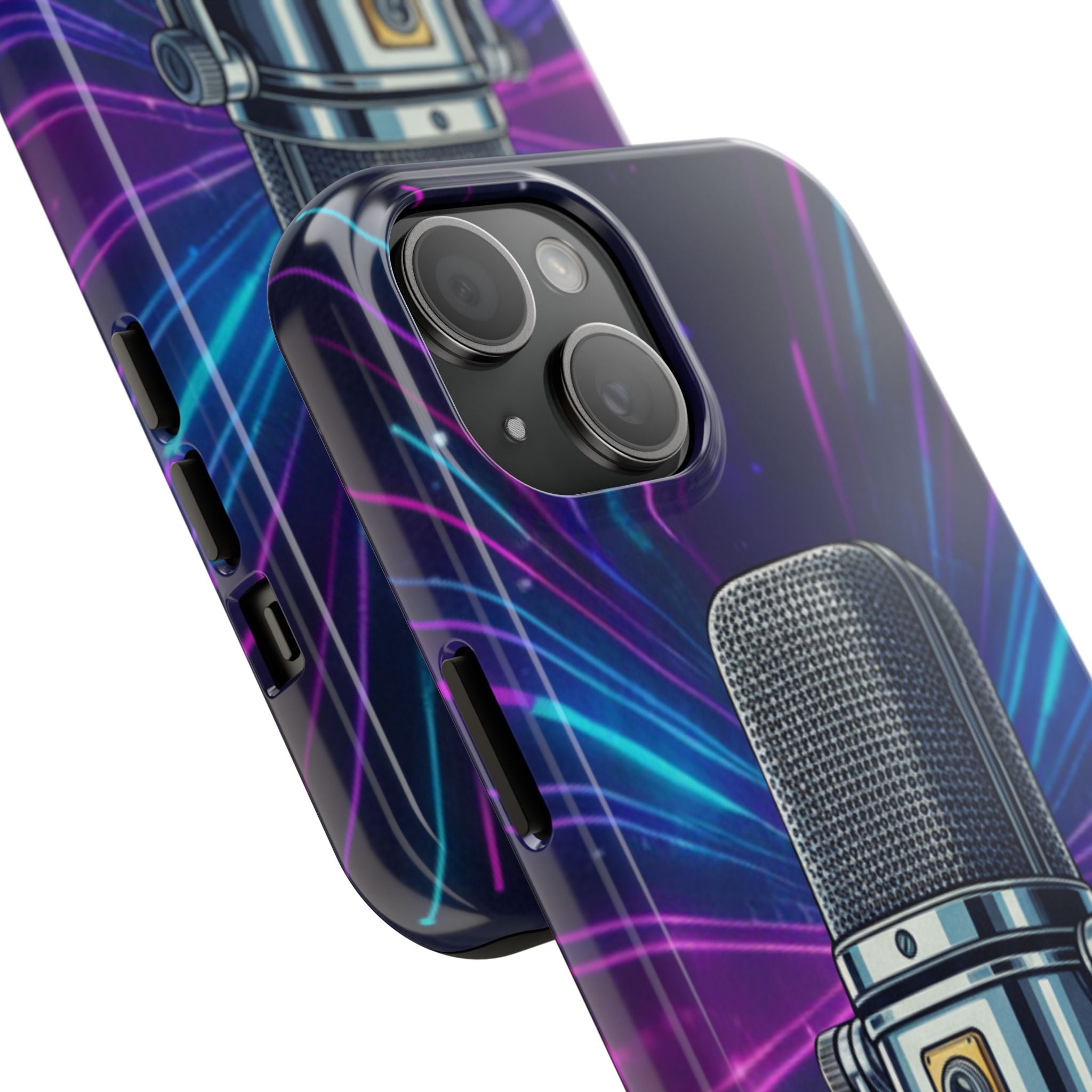 Custodia Tough per iPhone Pro | Cover Antiurto con Microfono Vintage e Onde Sonore Neon – Regalo Creativo per Musicisti, Gamer, Streamer e Amanti del Design