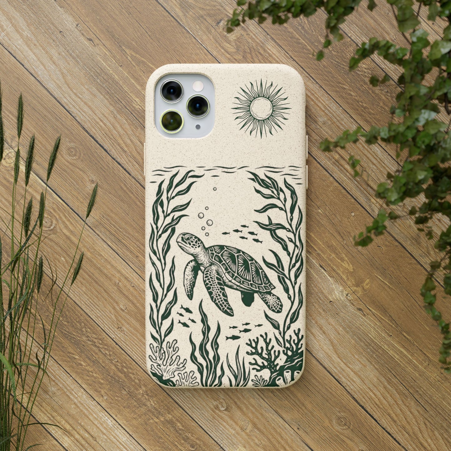 Cover Bio Originale per iPhone "Tartaruga & Sole" - Custodia Eco in Bambù & PLA