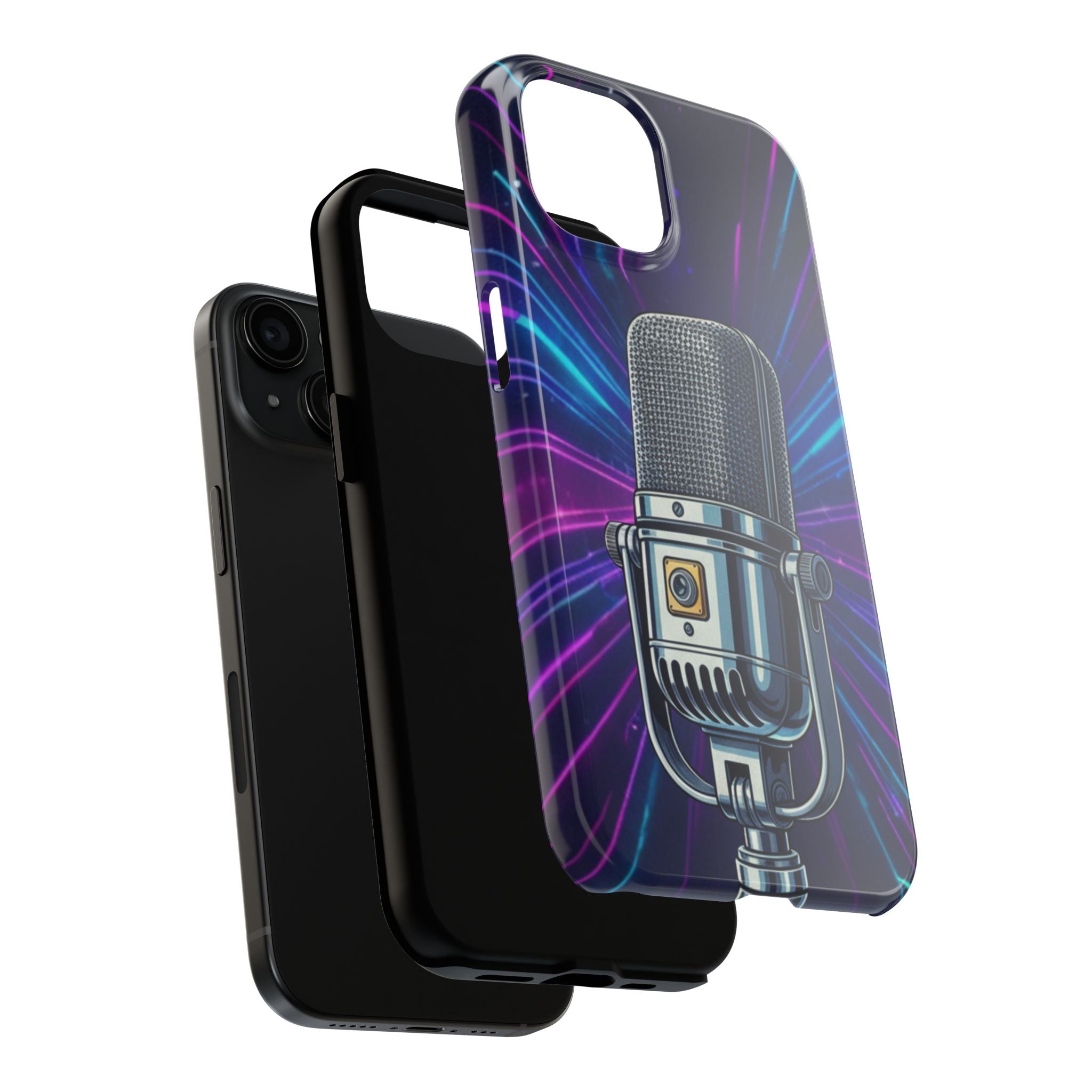 Custodia Tough per iPhone Pro | Cover Antiurto con Microfono Vintage e Onde Sonore Neon – Regalo Creativo per Musicisti, Gamer, Streamer e Amanti del Design