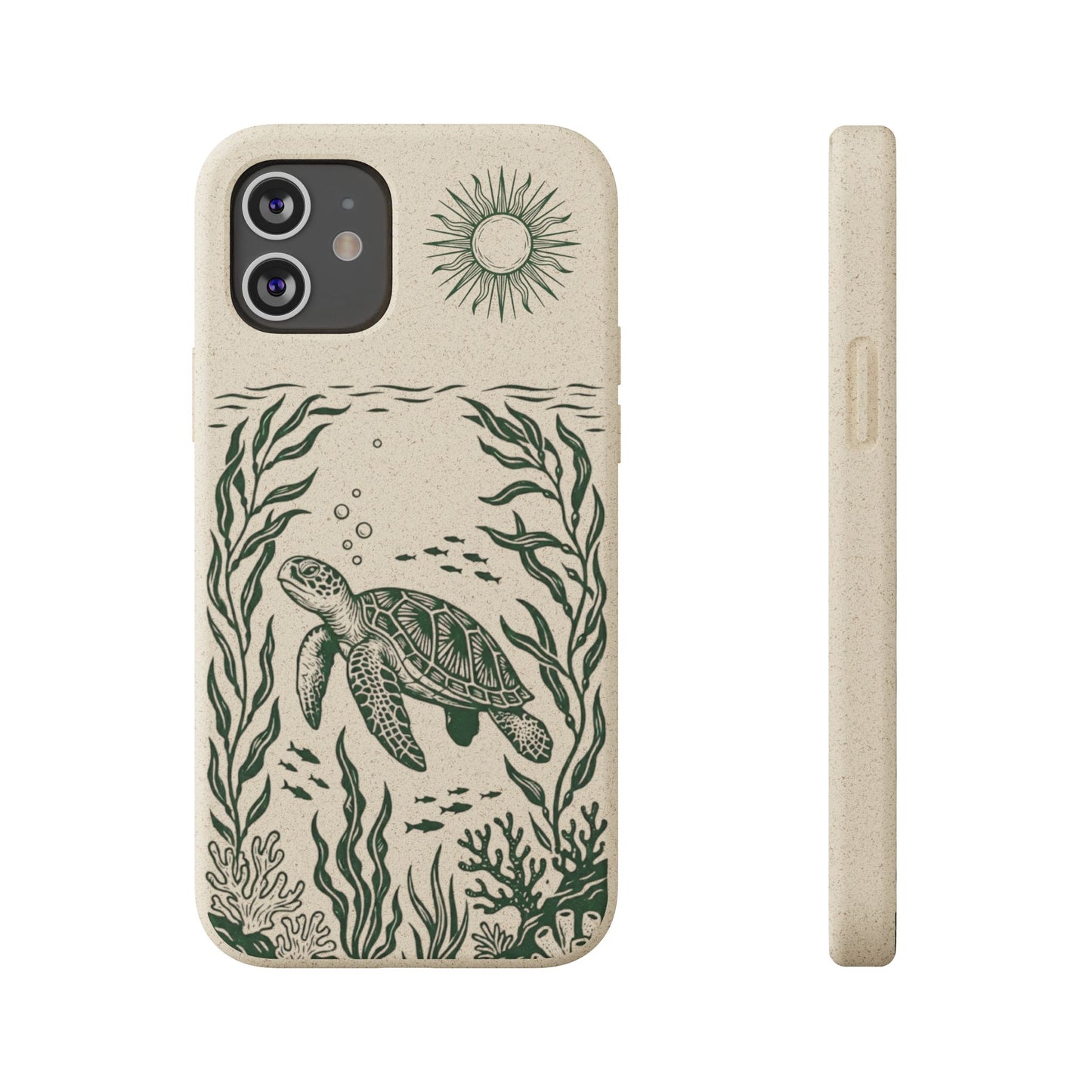 Cover Bio Originale per iPhone "Tartaruga & Sole" - Custodia Eco in Bambù & PLA