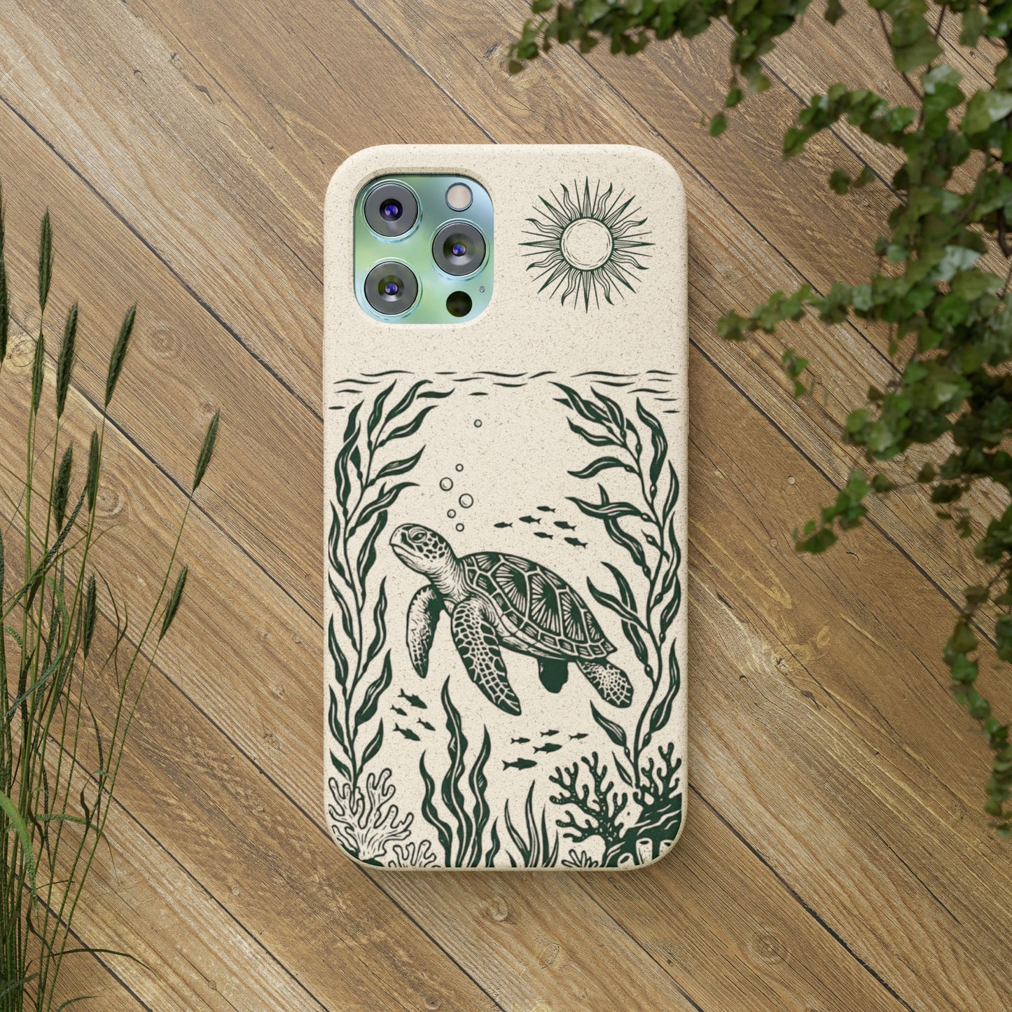 Cover Bio Originale per iPhone "Tartaruga & Sole" - Custodia Eco in Bambù & PLA