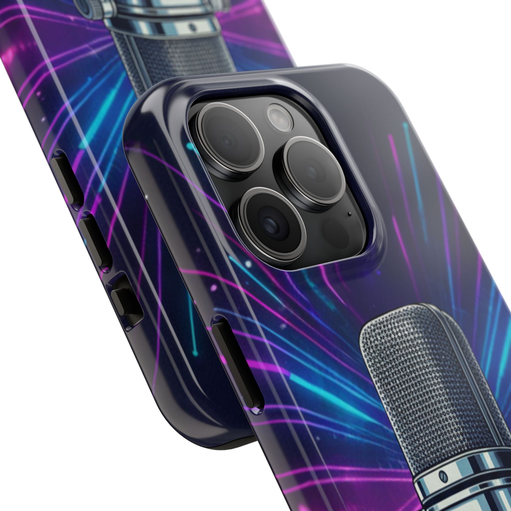 Custodia Tough per iPhone Pro | Cover Antiurto con Microfono Vintage e Onde Sonore Neon – Regalo Creativo per Musicisti, Gamer, Streamer e Amanti del Design