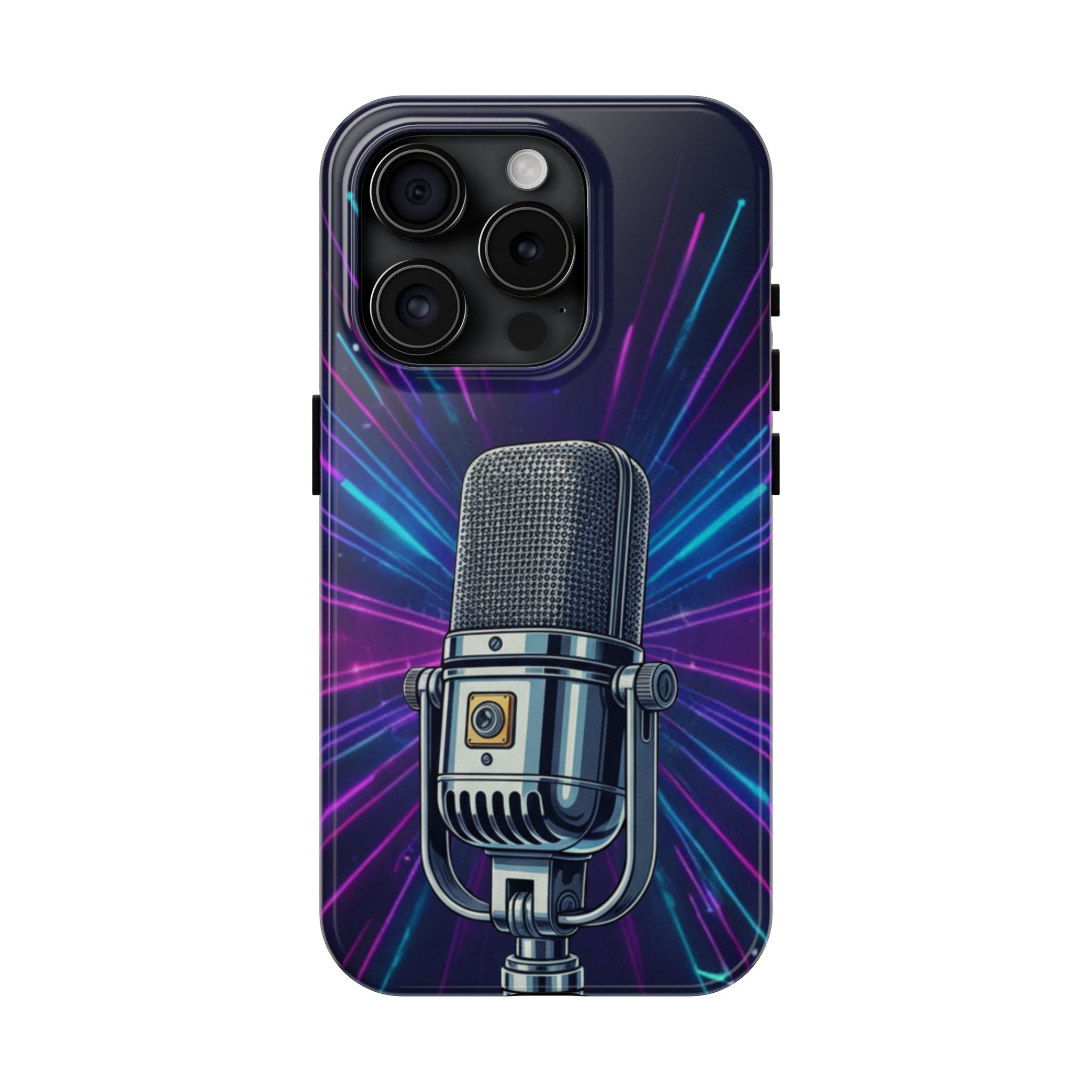 Custodia Tough per iPhone Pro | Cover Antiurto con Microfono Vintage e Onde Sonore Neon – Regalo Creativo per Musicisti, Gamer, Streamer e Amanti del Design
