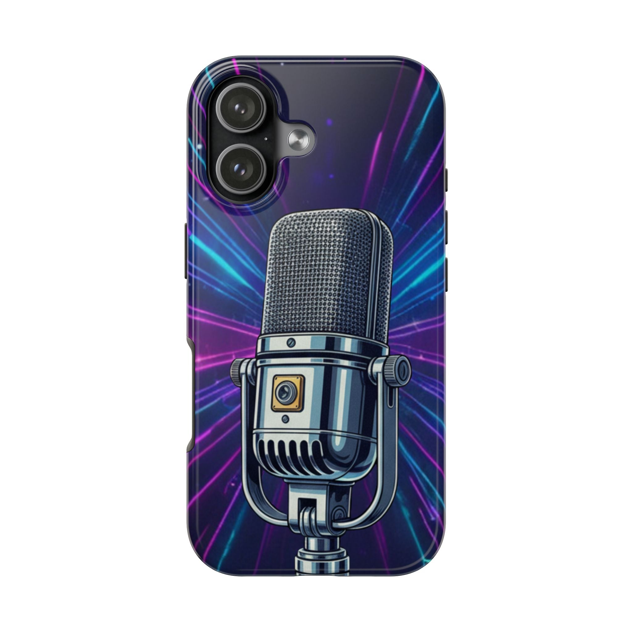 Custodia Tough per iPhone Pro | Cover Antiurto con Microfono Vintage e Onde Sonore Neon – Regalo Creativo per Musicisti, Gamer, Streamer e Amanti del Design