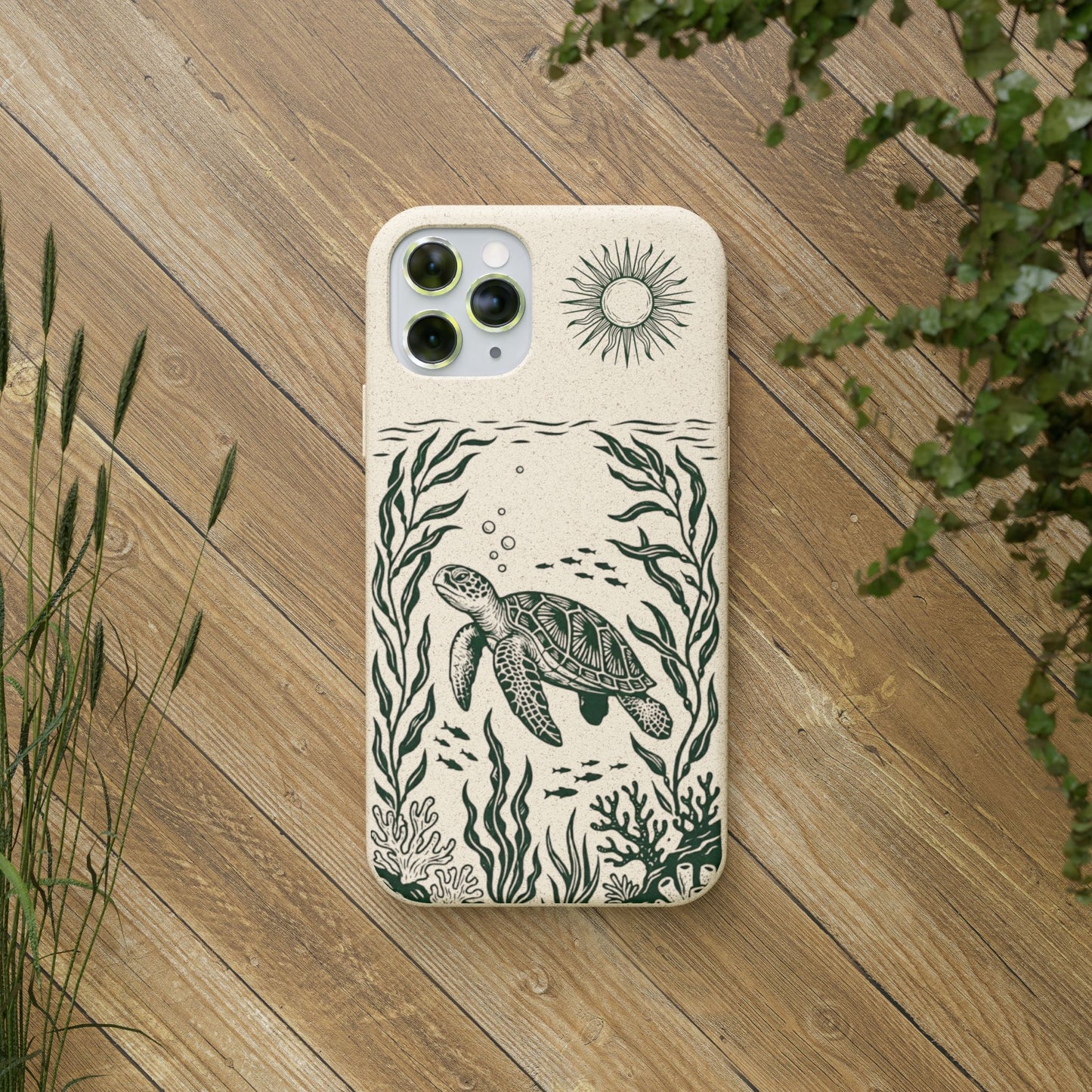 Cover Bio Originale per iPhone "Tartaruga & Sole" - Custodia Eco in Bambù & PLA
