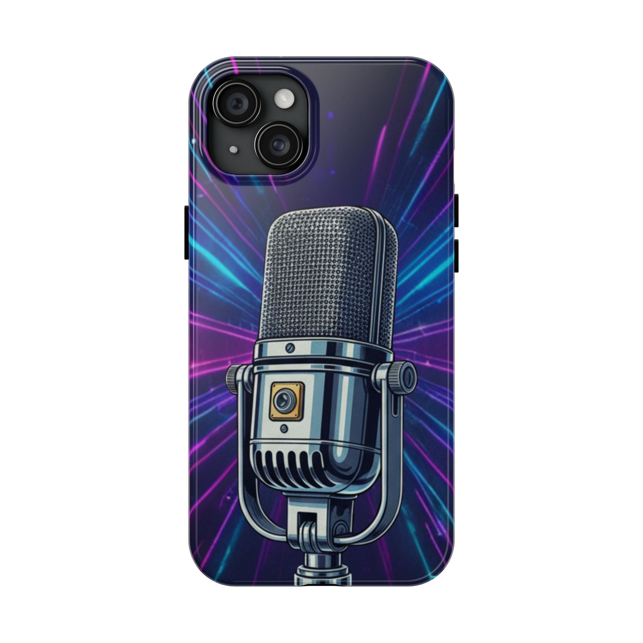 Custodia Tough per iPhone Pro | Cover Antiurto con Microfono Vintage e Onde Sonore Neon – Regalo Creativo per Musicisti, Gamer, Streamer e Amanti del Design