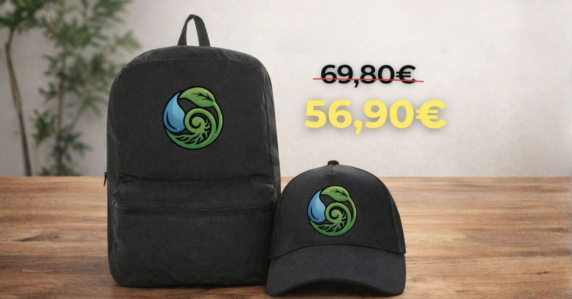 Bundle originale zaino in canvas riciclato e cappellino in cotone riciclato eco sostenibili design Goccia di Natura Pianeta Wow