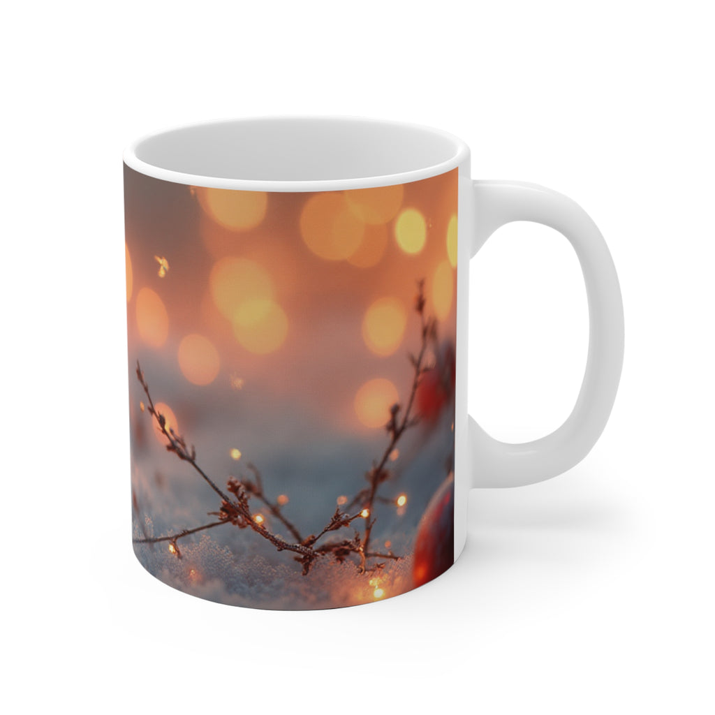 Tazza Natale Originale in ceramica con luci dorate soffuse e rami innevati
