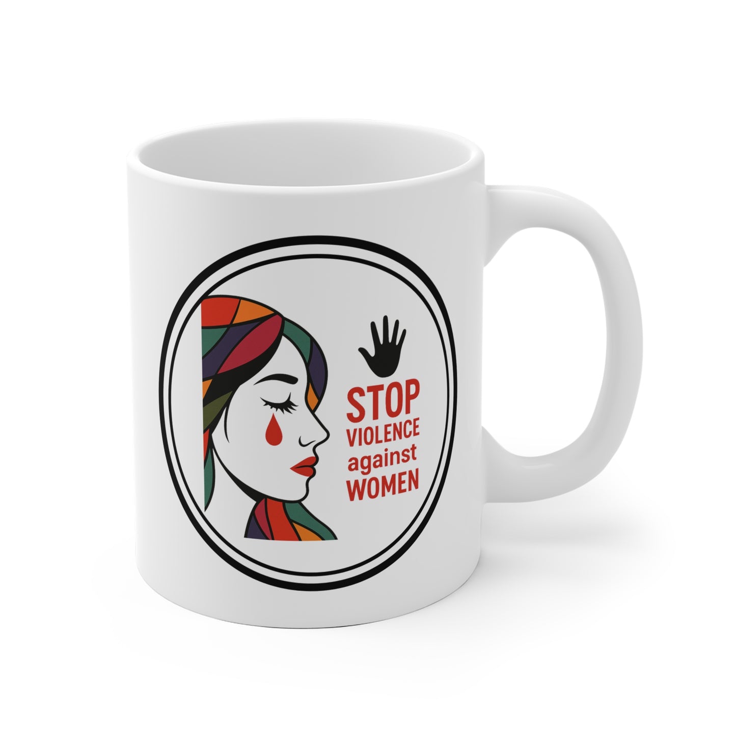 Tazza mug in ceramica bianca con stampa artistica donna capelli colorati e scritta Stop Violence against Women design Originale solidarietà