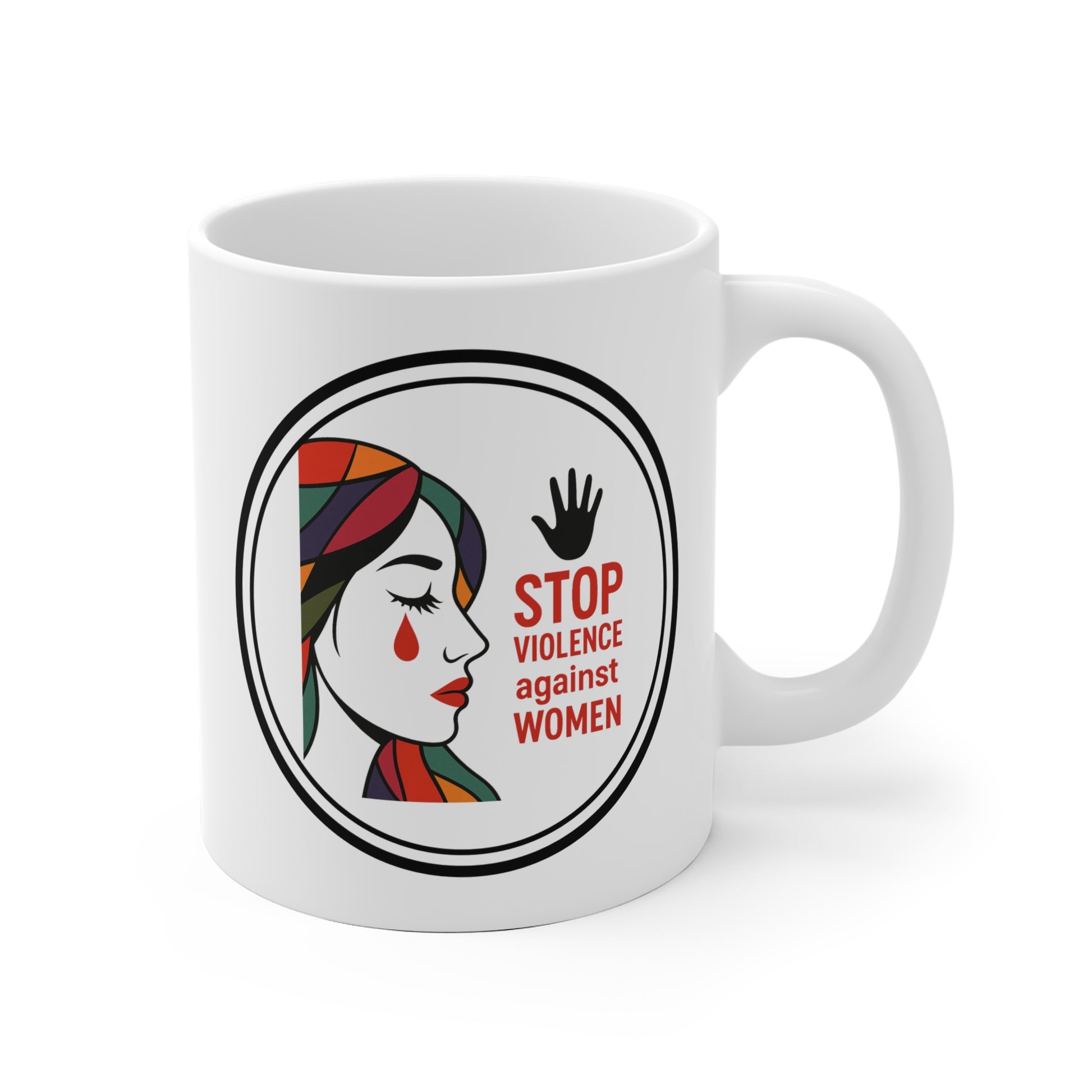 Tazza mug in ceramica bianca con stampa artistica donna capelli colorati e scritta Stop Violence against Women design Originale solidarietà