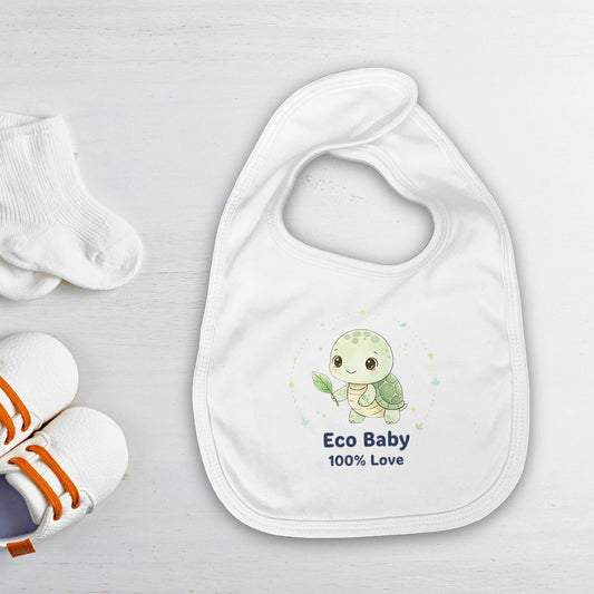Bavaglino per neonato bianco in cotone biologico con stampa tartaruga e scritta Eco Baby, chiusura velcro, accessorio svezzamento Pianeta Wow.