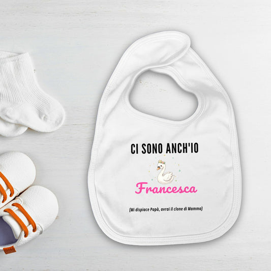 Bavaglino neonato originale rosa in cotone bio con scritta divertente mi dispiace papà avrai il clone di mamma e nome personalizzato Francesca