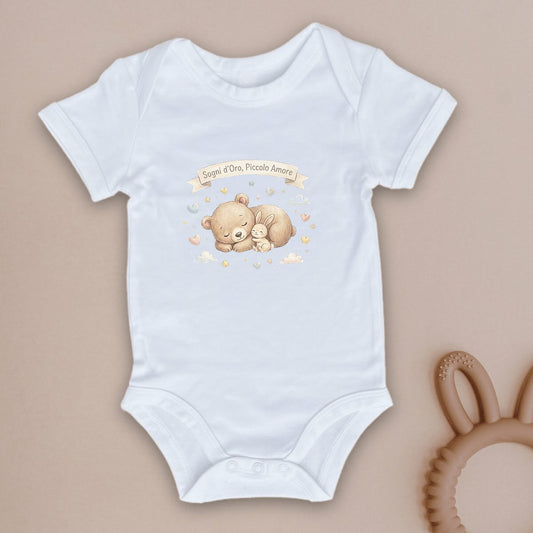 Body neonato bianco cotone bio stampa orsetto e coniglietto che dormono sogni d'oro, personalizzabile con nome, abbigliamento sostenibile Pianeta Wow