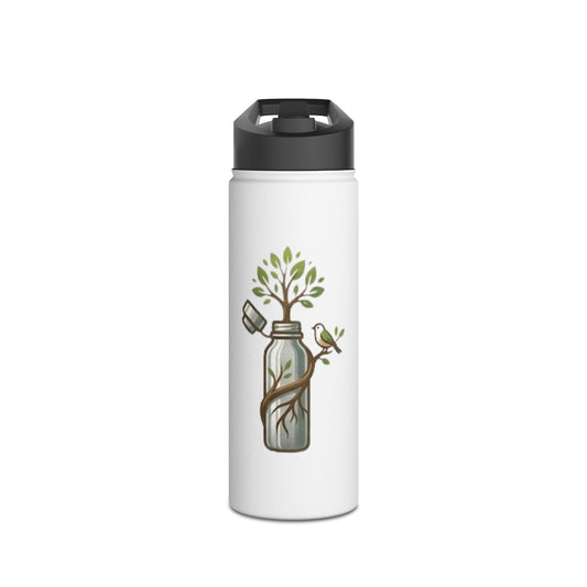 Borraccia termica in acciaio inox bianca con illustrazione di albero che cresce in un barattolo, prodotto ecologico zero waste Pianeta Wow.