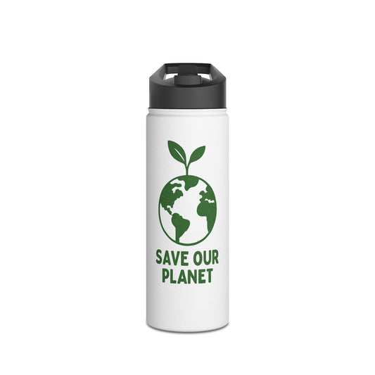 Borraccia termica acciaio inox verde con scritta Save Our Planet, finitura opaca, prodotto ecologico zero waste Pianeta Wow