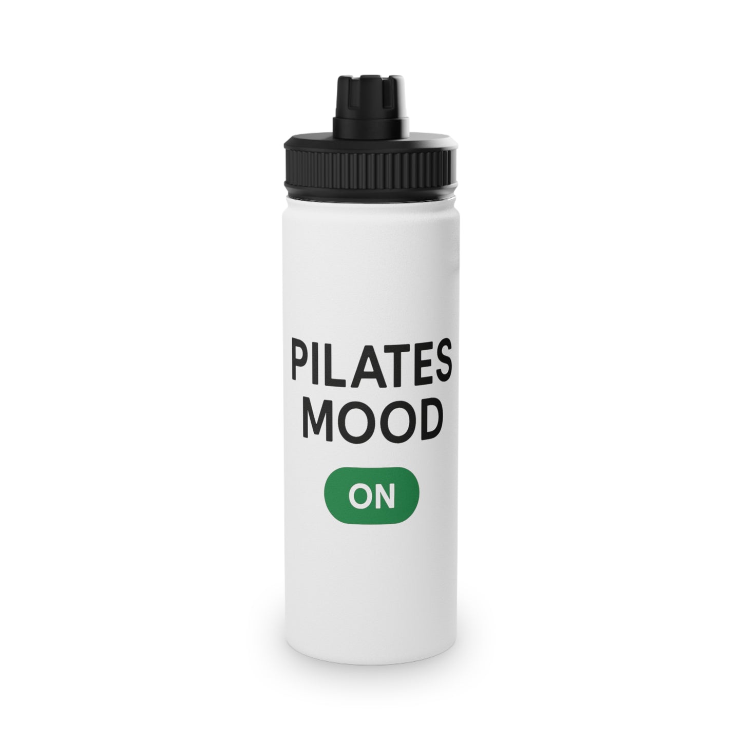 Borraccia termica bianca con scritta pilates mood on e tasto verde, accessorio per studio pilates reformer e matwork in acciaio inox.