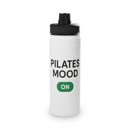 Borraccia termica bianca con scritta pilates mood on e tasto verde, accessorio per studio pilates reformer e matwork in acciaio inox.