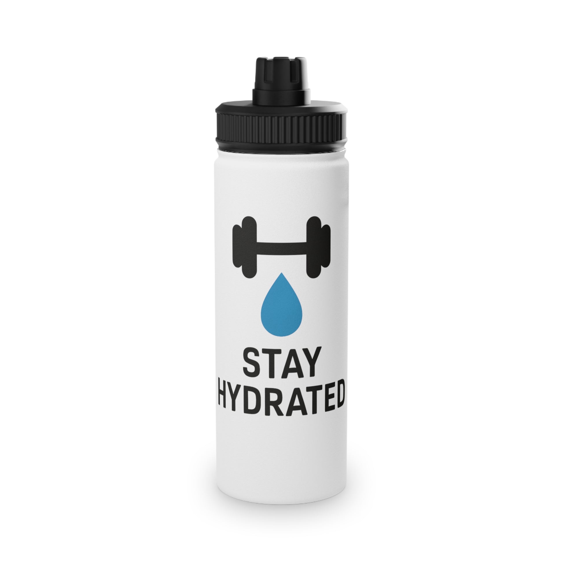 Borraccia termica bianca con icona manubrio pesi e scritta Stay Hydrated, accessorio palestra e fitness in acciaio inox regalo sportivi.