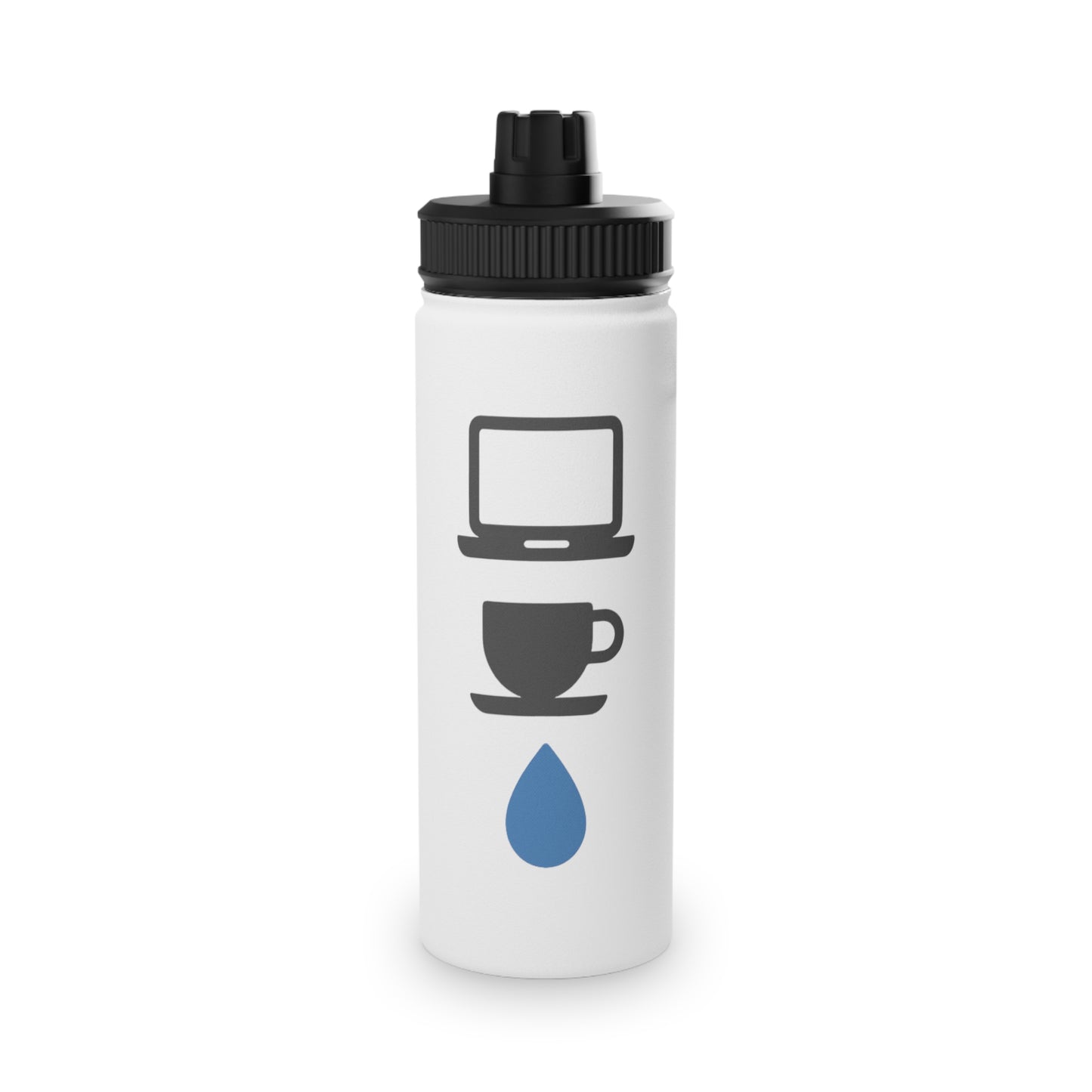Borraccia termica bianca con icone computer caffè e acqua per ufficio e smart working, borraccia acciaio inox ecologica zero waste
