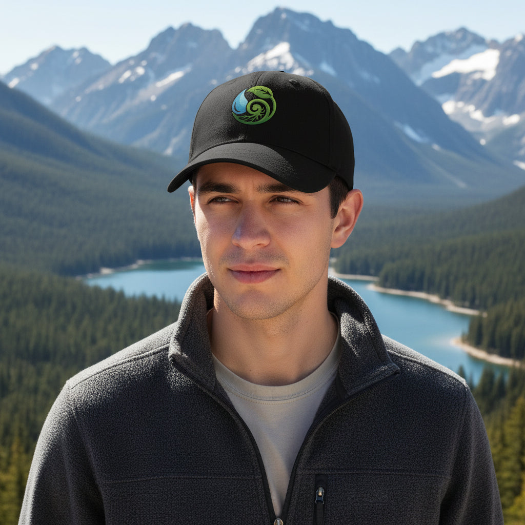 Cappellino nero 5 pannelli cotone riciclato tecnologia AWARE disegno goccia acqua foglia risparmio idrico 387 litri