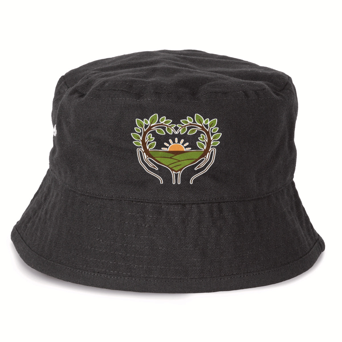 Cappello bucket hat nero in cotone riciclato e poliestere eco-friendly, con occhielli in metallo e stampa minimal, certificato vegan Pianeta Wow.