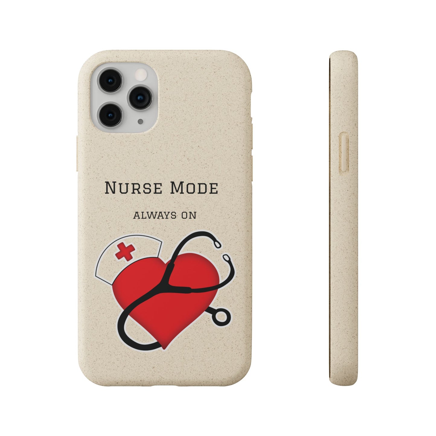 Cover bio biodegradabile beige effetto sabbia con disegno cuore stetoscopio e scritta Nurse Mode Always On per infermiera