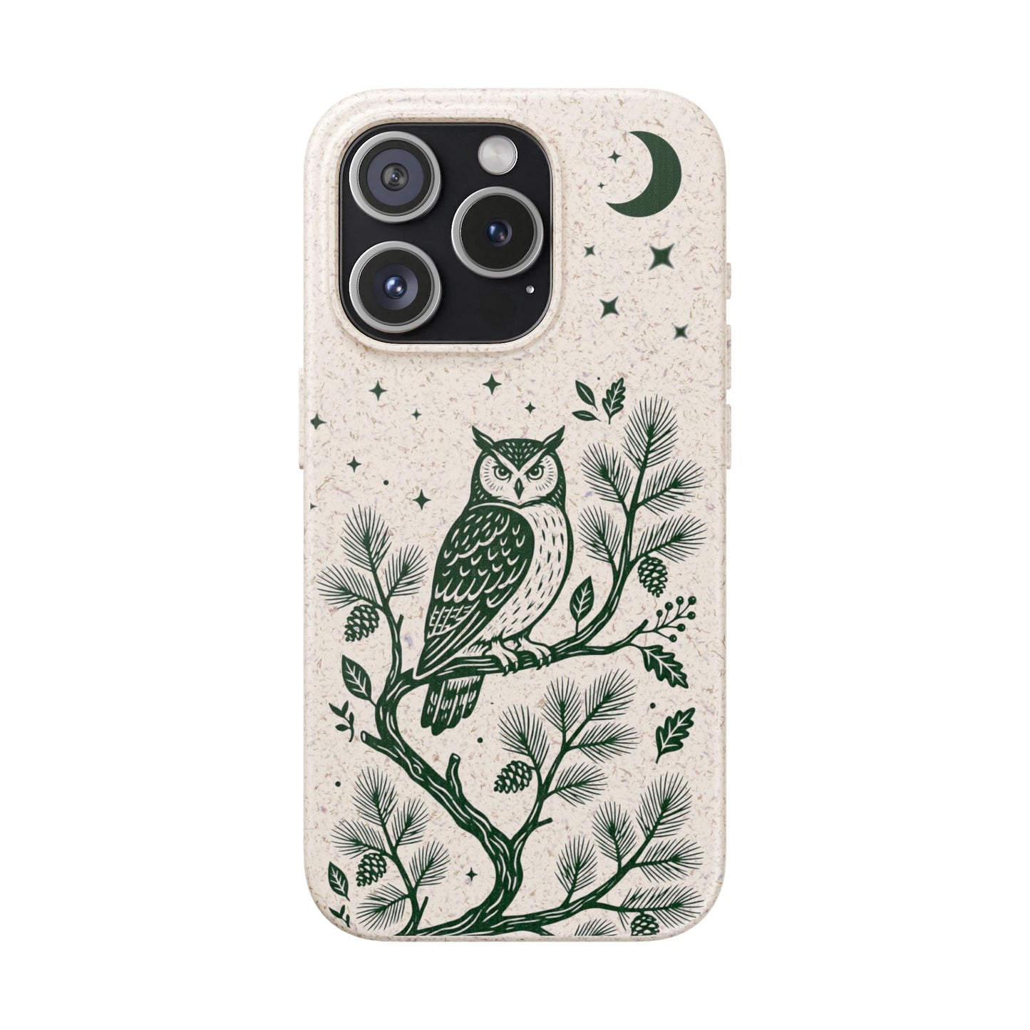 Cover bio per iPhone e Samsung beige con stampa verde scuro di gufo su ramo e luna, custodia biodegradabile MagSafe Pianeta Wow.
