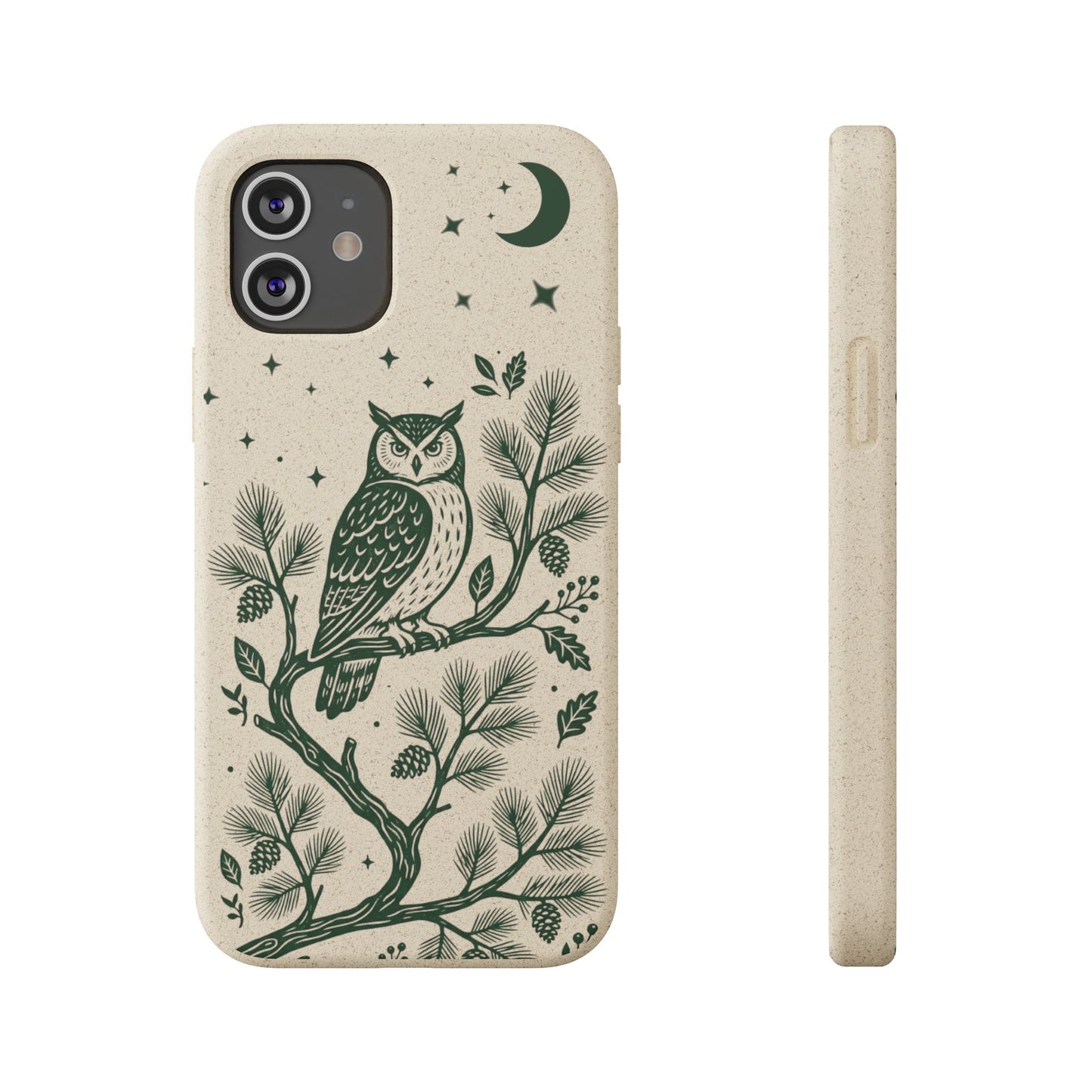 Cover bio per iPhone e Samsung beige con stampa verde scuro di gufo su ramo e luna, custodia biodegradabile MagSafe Pianeta Wow.