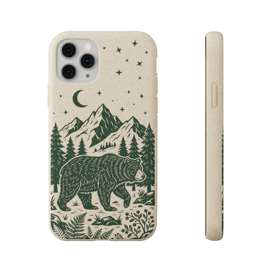 Cover bio per iPhone e Samsung beige con stampa verde scuro di orso, montagne e alberi, custodia ecologica biodegradabile Pianeta Wow.