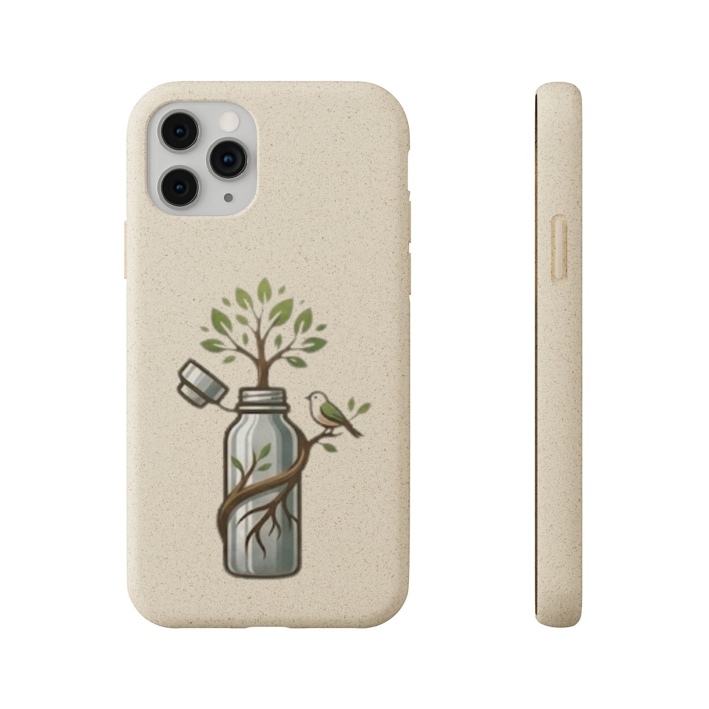 Cover bio per iPhone e Samsung beige con stampa di albero che cresce in una borraccia e uccellino, custodia biodegradabile MagSafe Pianeta Wow.